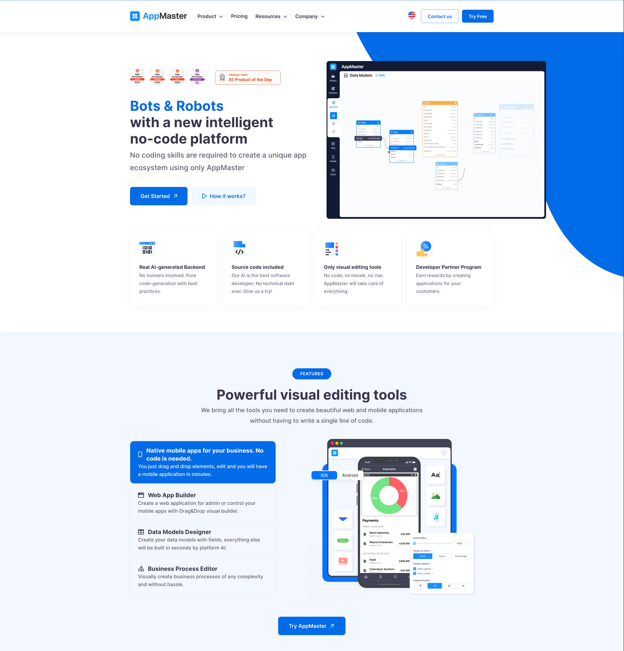 AppMaster no-code application platform homepage showing its visual application builder