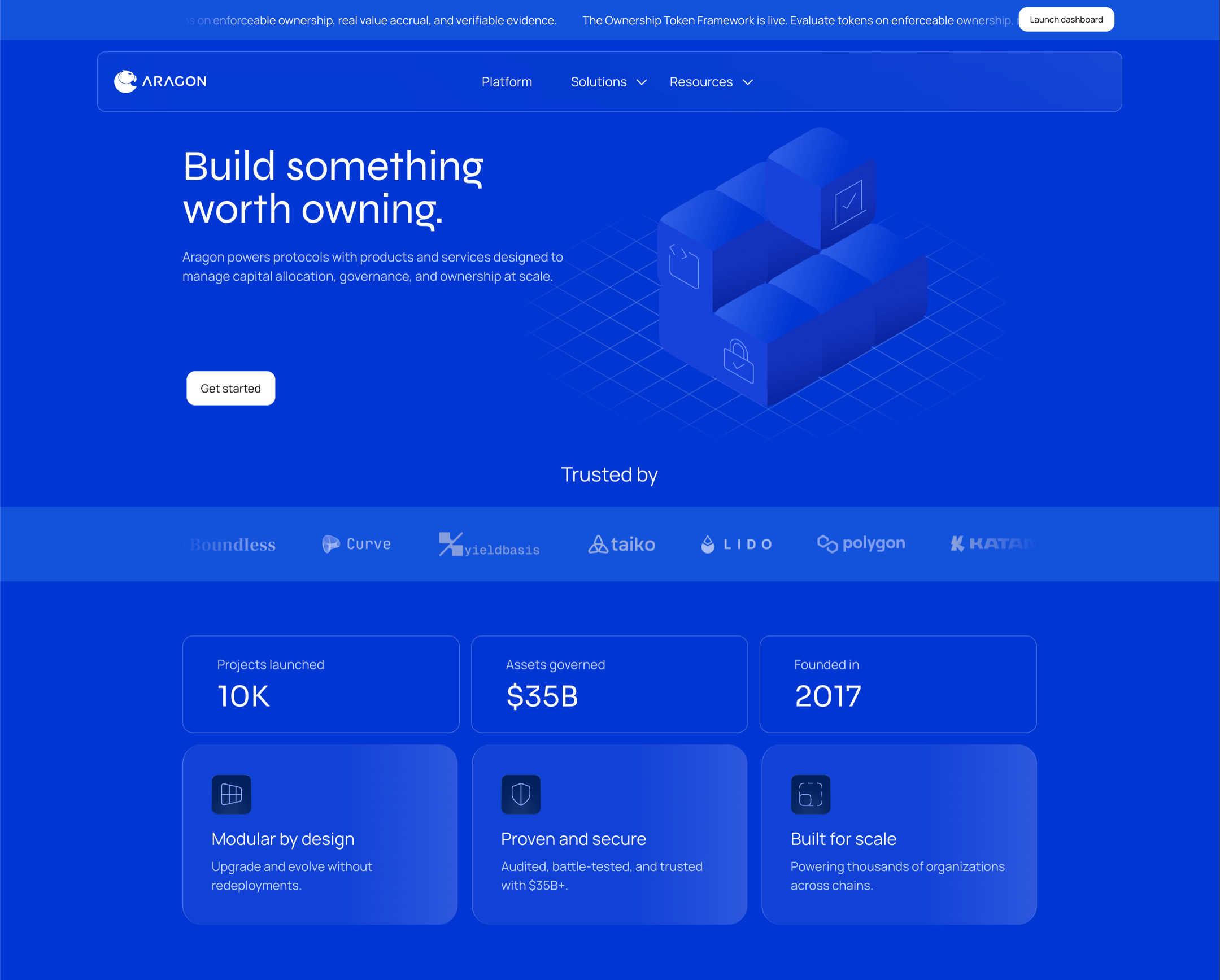 Aragon ownership and governance platform homepage with a blue interface and modular product illustration