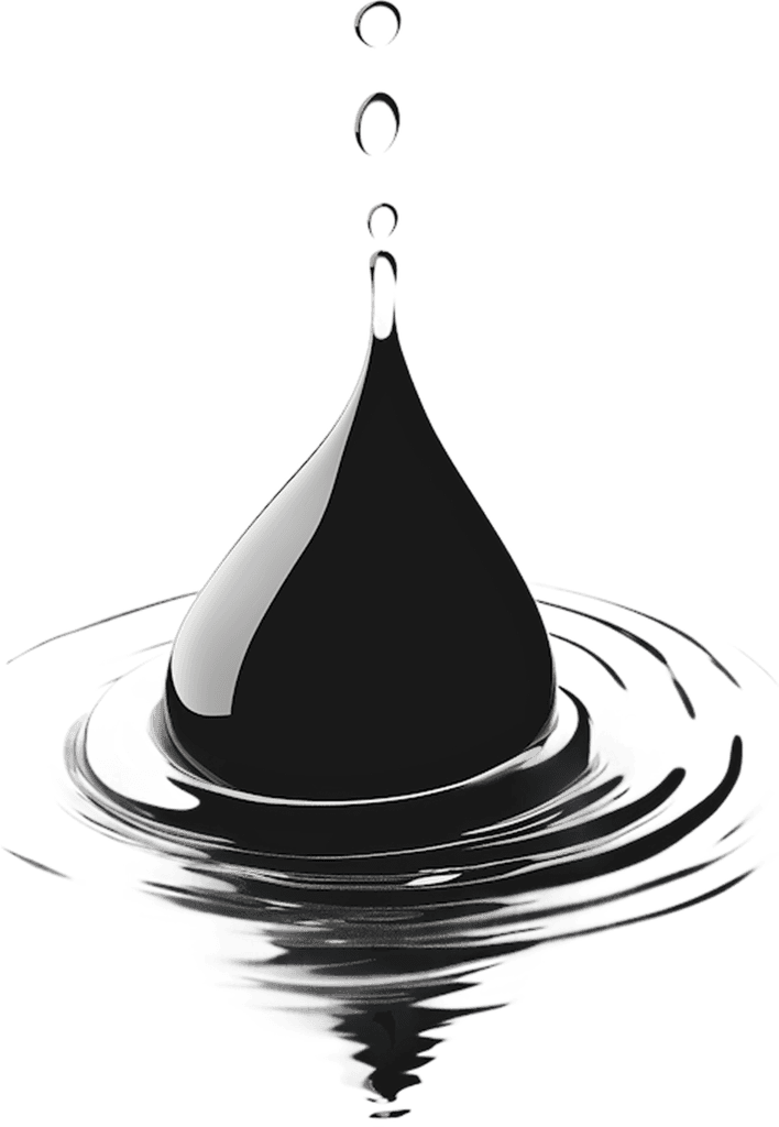 Minimalist monochrome fluid dynamics portrait capturing a single black liquid teardrop and water surface ripples